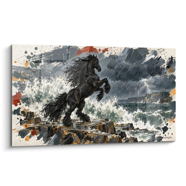 Tableau Cheval cabré noir sur rochers gris - Défi de la tempête - Edition Cheval Frison