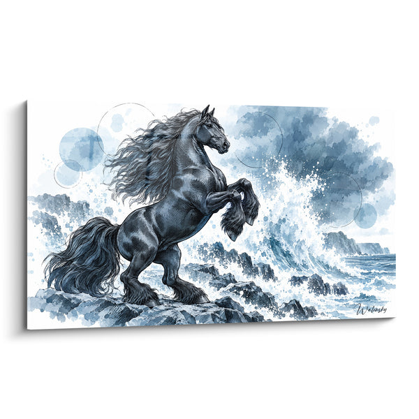 Tableau Cheval cabré noir et bleu sur rochers - Défi des éléments - Edition Cheval Frison