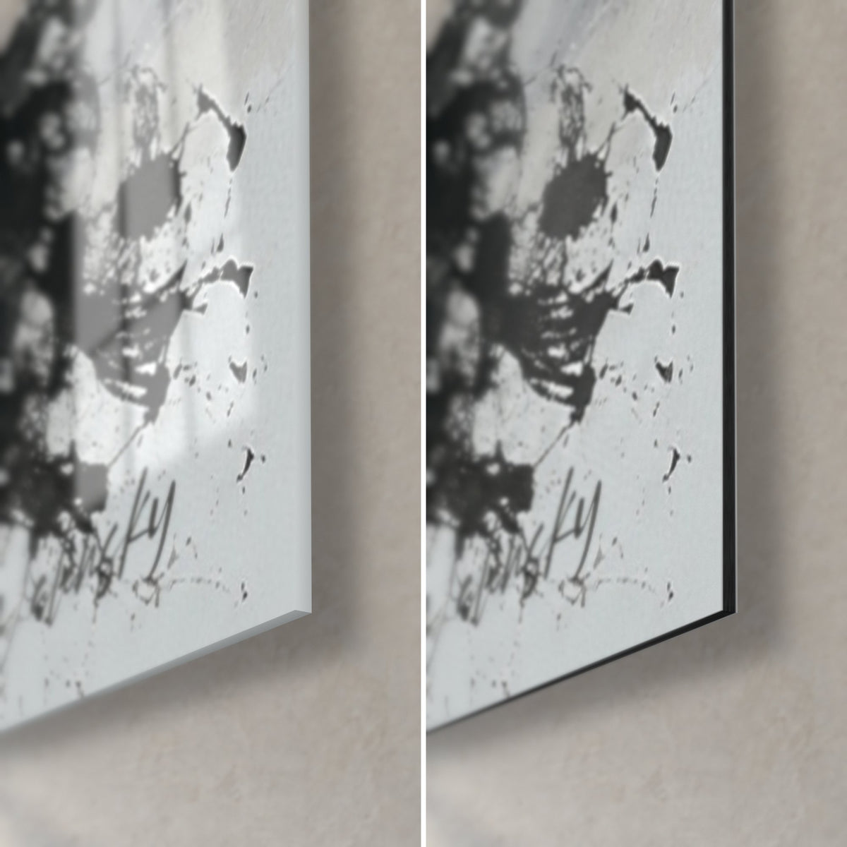 Tableau cheval frison noir, coin bas droit : verre brillant à gauche, Dibond mat gris perle à droite, tranche de 3 mm