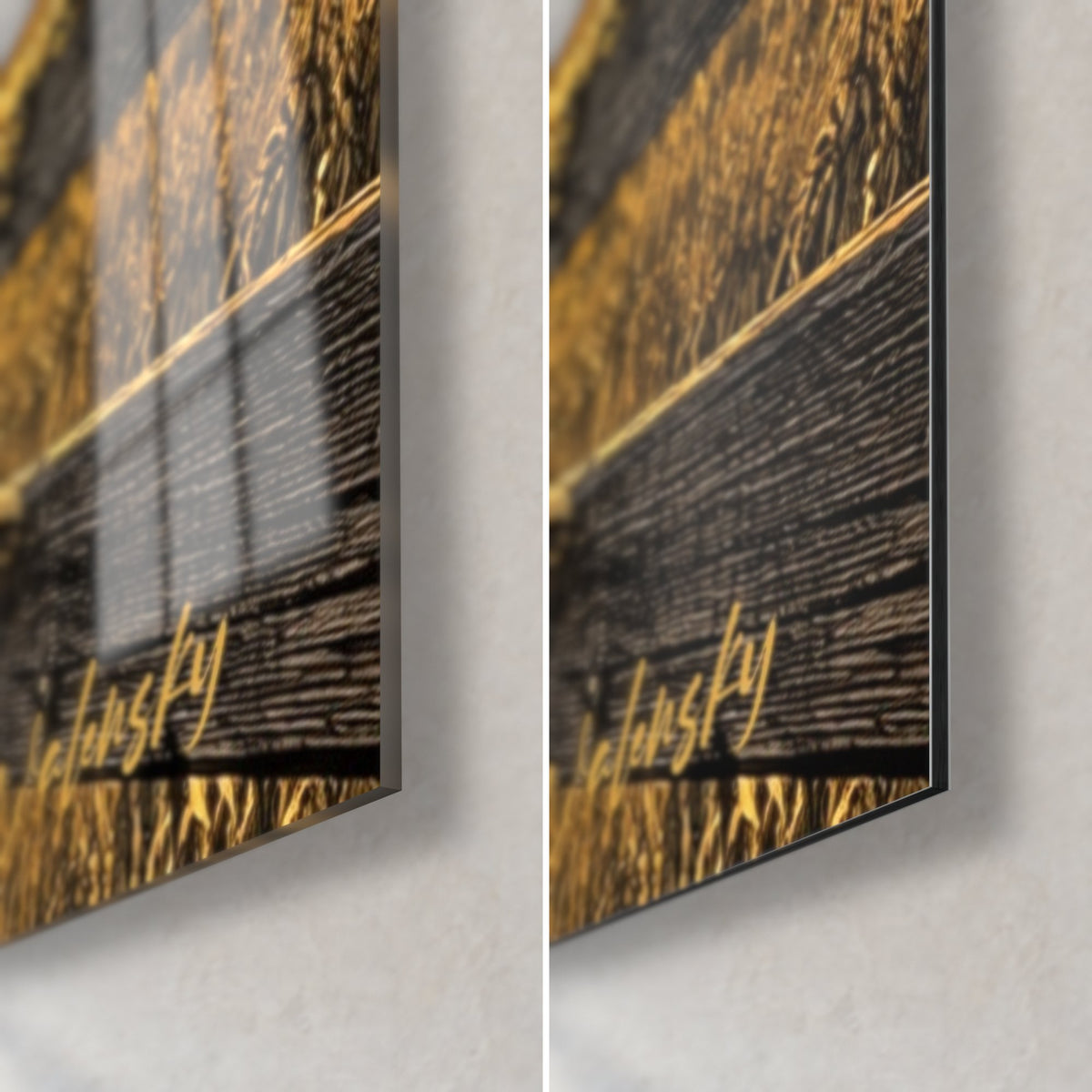 Quadro cavallo frisone in oro liquido, angolo in basso a destra: vetro acrilico lucido con riflessi a sinistra, Dibond opaco nero a destra, spessore sottile