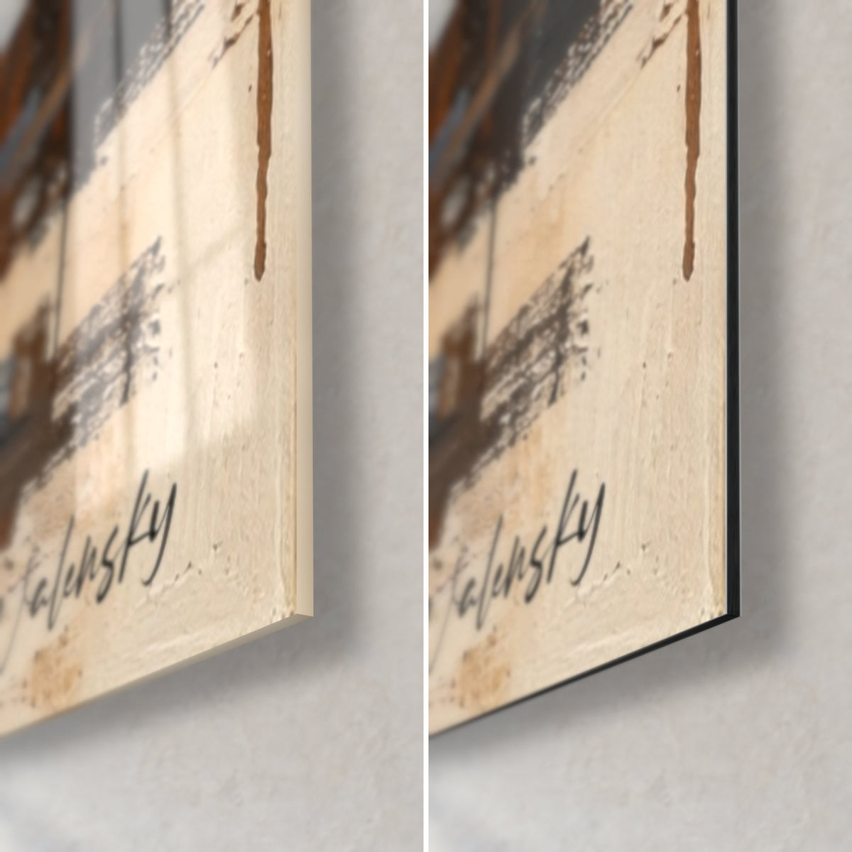 Tableau cheval noir cabré, coin bas droit : verre brillant à gauche, Dibond mat à droite, signature brune sur fond crème, tranche fine