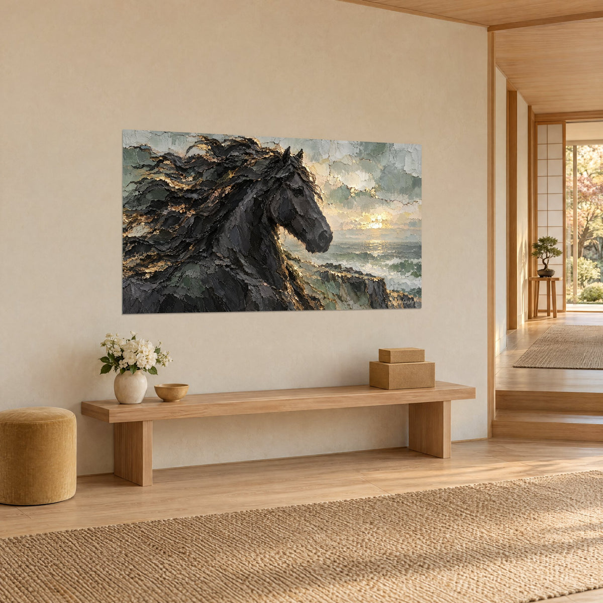 Tableau cheval noir aux mèches dorées sur fond de mer sauge et crème, vu en trois-quarts dans un couloir japandi en bois clair