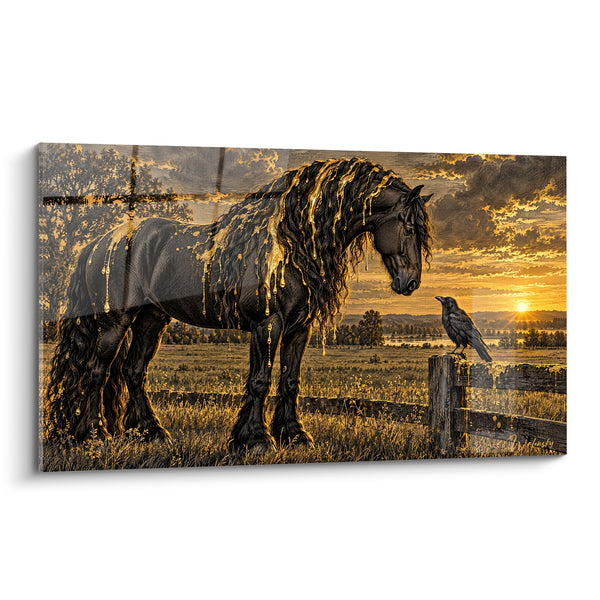 Tableau Cheval frison à crinière dorée fluide - Dialogue au crépuscule - Edition Cheval Frison