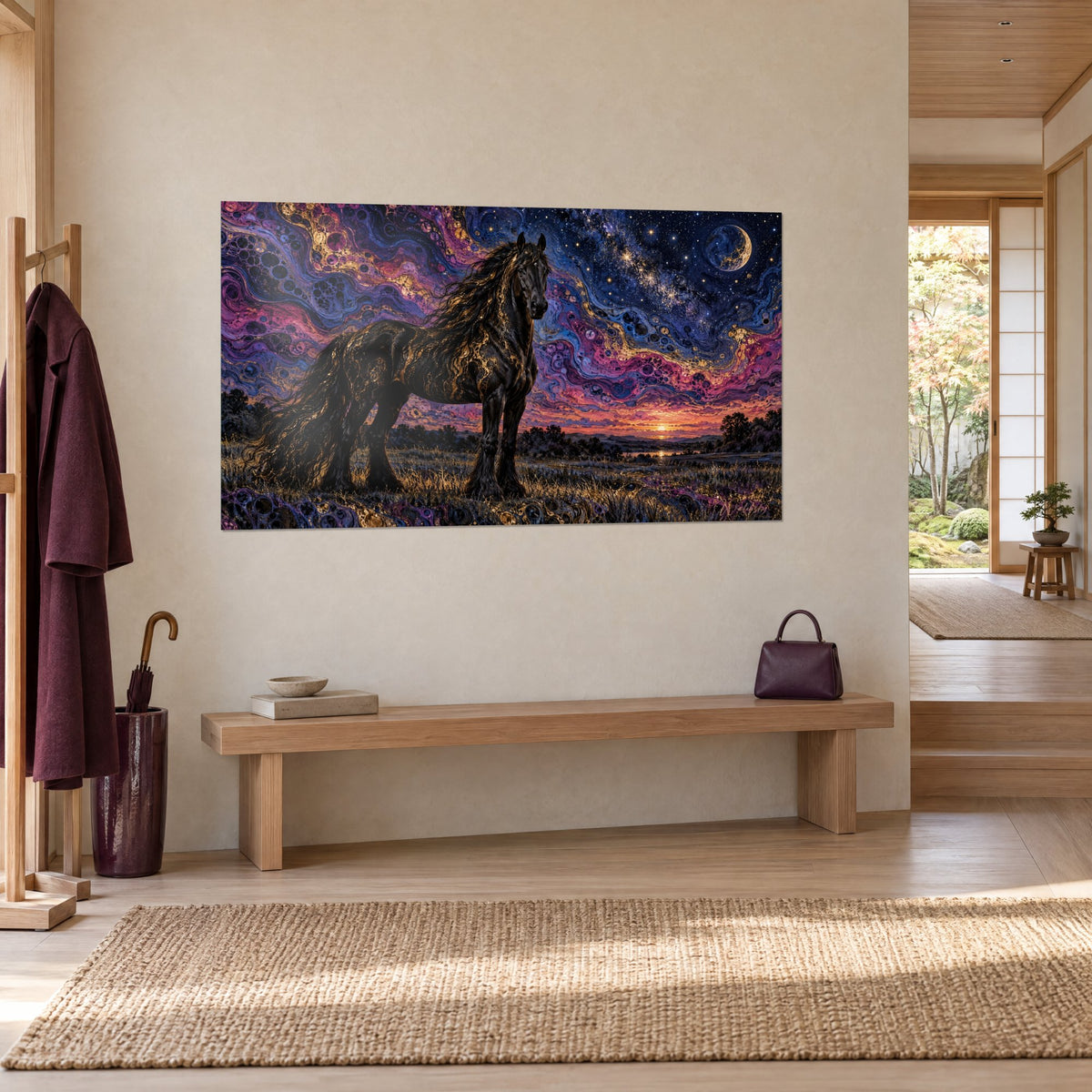 Tableau crinière ondulée d'un cheval d'ébène, ciel indigo et magenta, lune pâle en haut à droite, accroché près d'un banc en bois