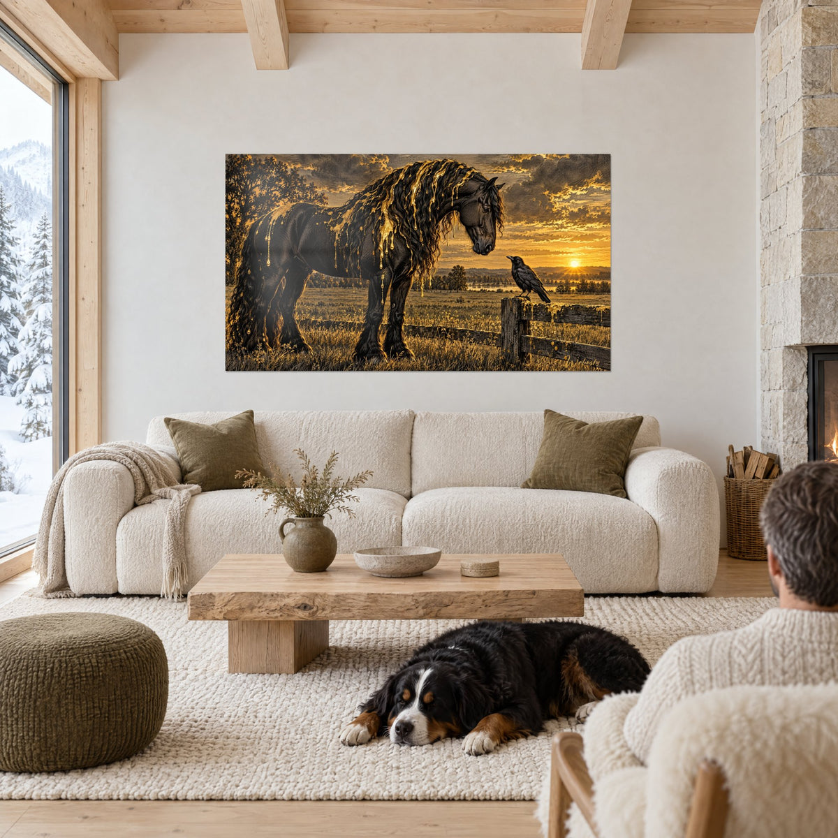 Quadro stallone frisone dai crini neri che grondano d'oro, corvo appollaiato su una staccionata, sole ambrato, sopra un divano in un soggiorno luminoso