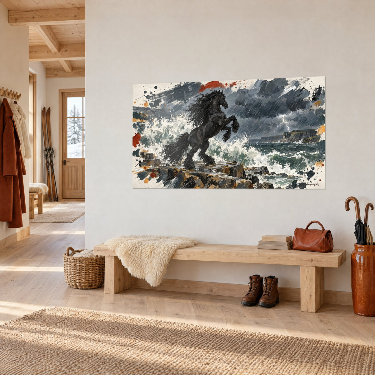 Tableau crinière noire emportée par le vent, éclair pâle sur falaises grises, mur clair près d'un banc en bois de chalet