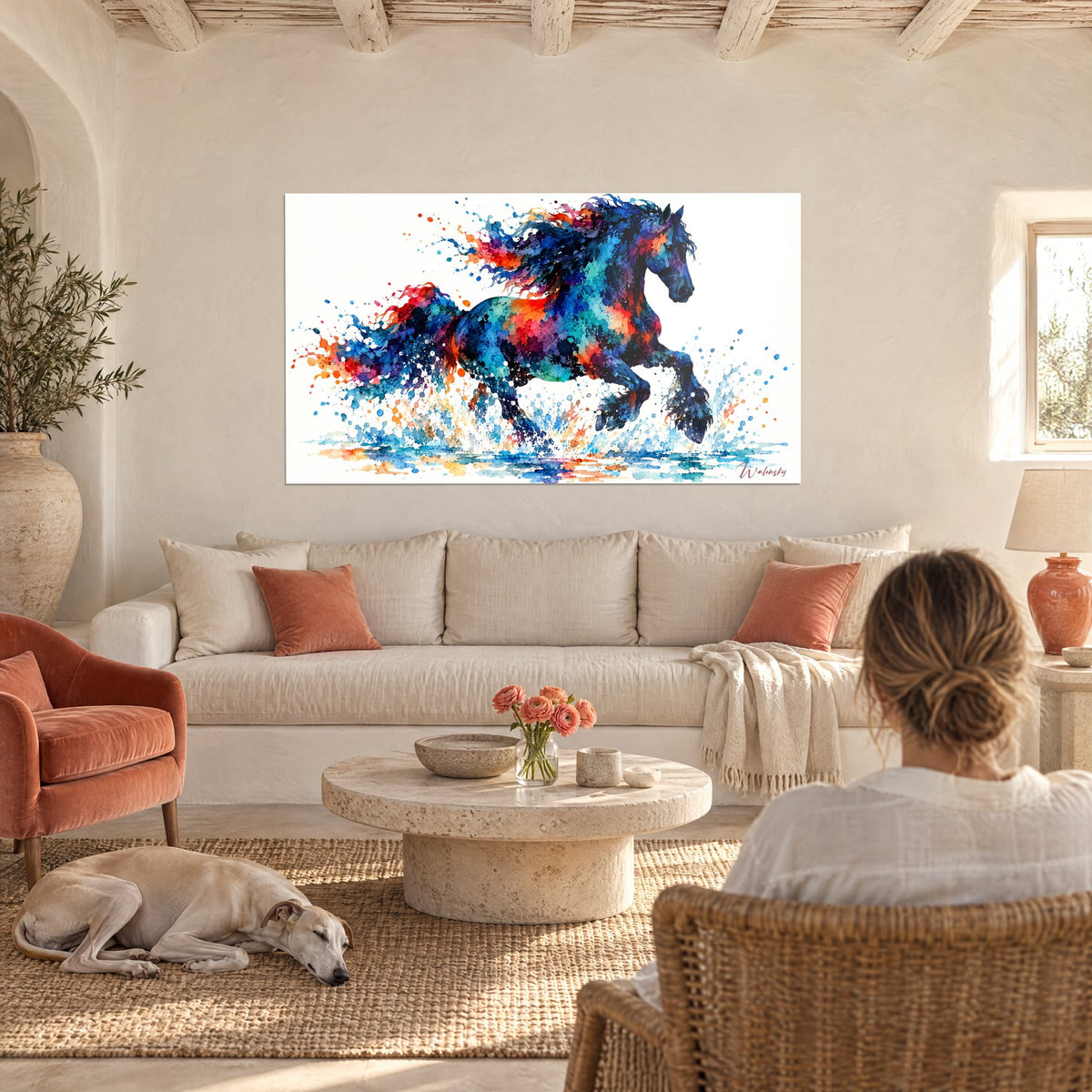 Tableau étalon noir aux crins bleu cobalt et orangés, jaillissement d'éclaboussures turquoise, au-dessus d'un canapé dans un salon lumineux