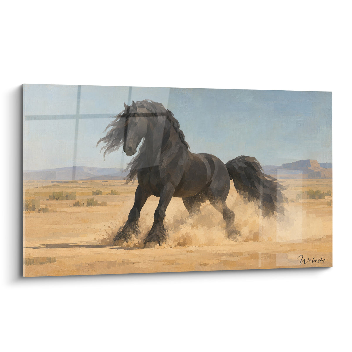 Tableau Cheval Frison noir galopant dans un désert ocre sous un ciel bleu pastel