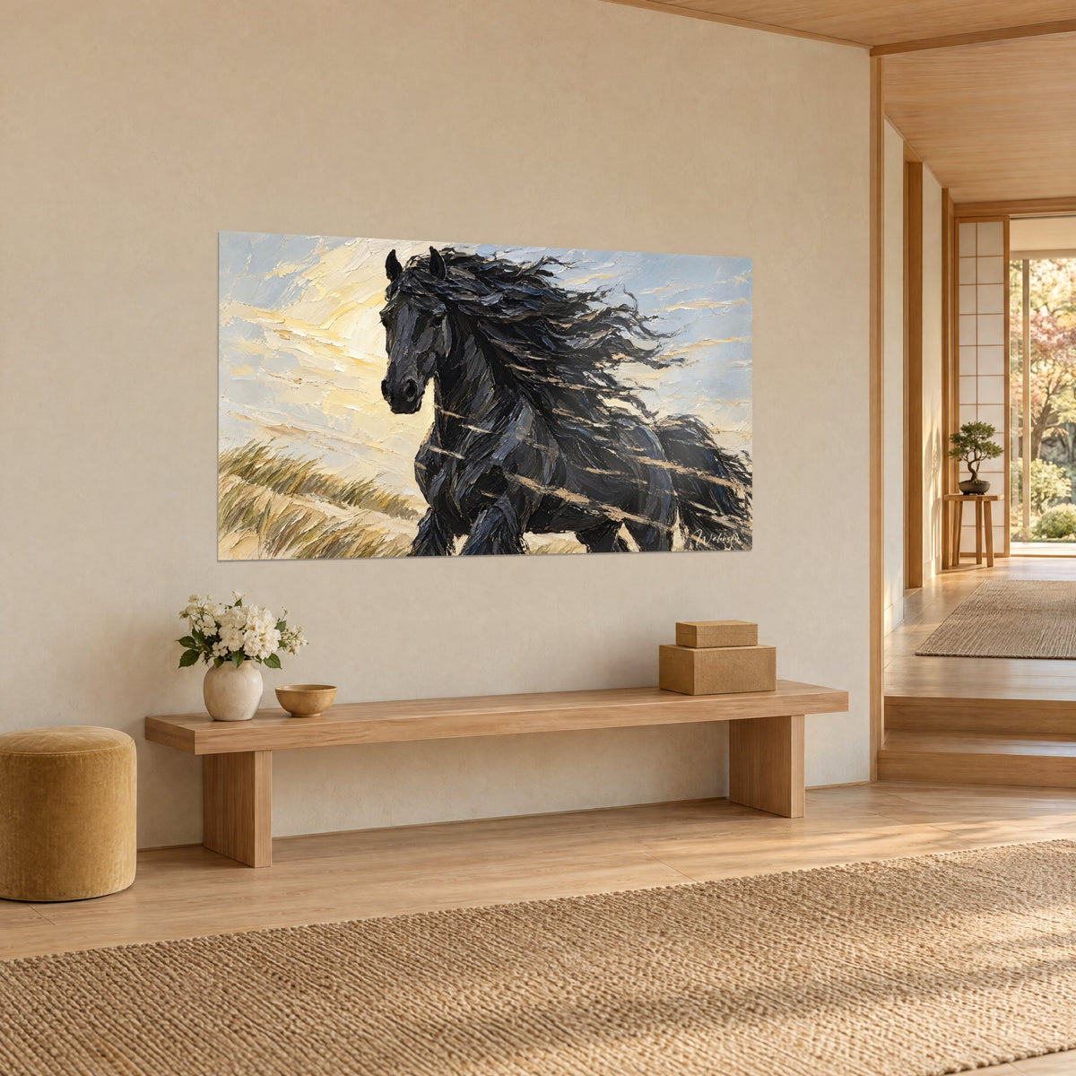 Tableau cheval noir au galop, coups de couteau gris ardoise et ocre, hautes herbes dorées, accroché près d'un banc en bois blond