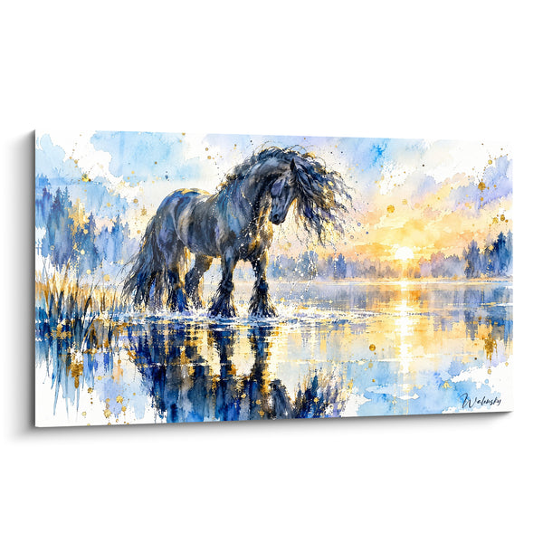 Quadro Cavallo frisone che attraversa un lago dorato - Alba silenziosa - Edizione Cavallo Frisone