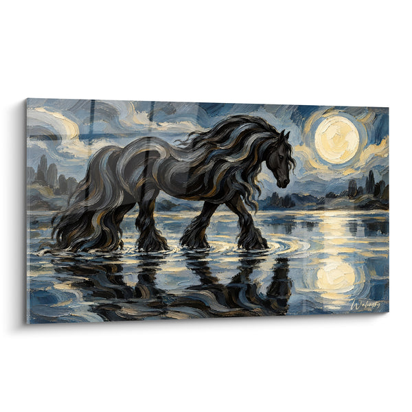 Tableau Cheval noir traversant une eau lunaire - Marche sous la lune - Edition Cheval Frison