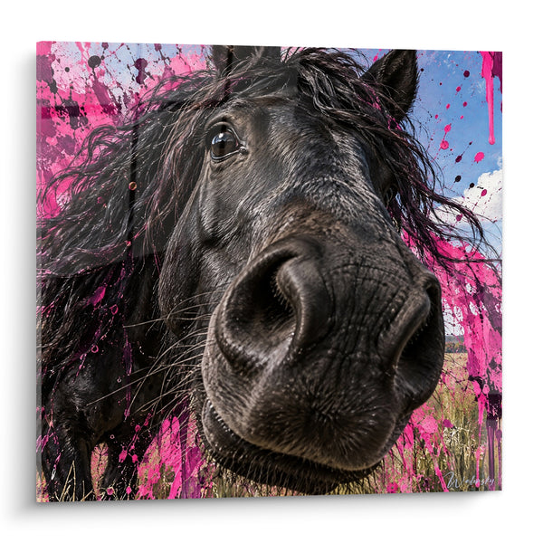 Tableau Cheval noir aux éclaboussures roses - Curiosité facétieuse - Edition Cheval Frison