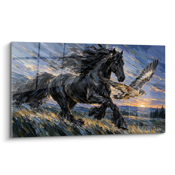 Tableau Cheval noir et aigle doré au galop - Course vers l'aube - Edition Cheval Frison