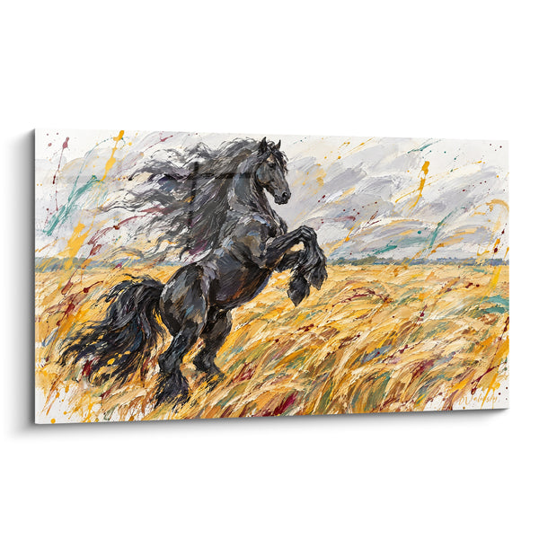 Tableau Cheval cabré noir et champ doré - Sursaut de liberté - Edition Cheval Frison