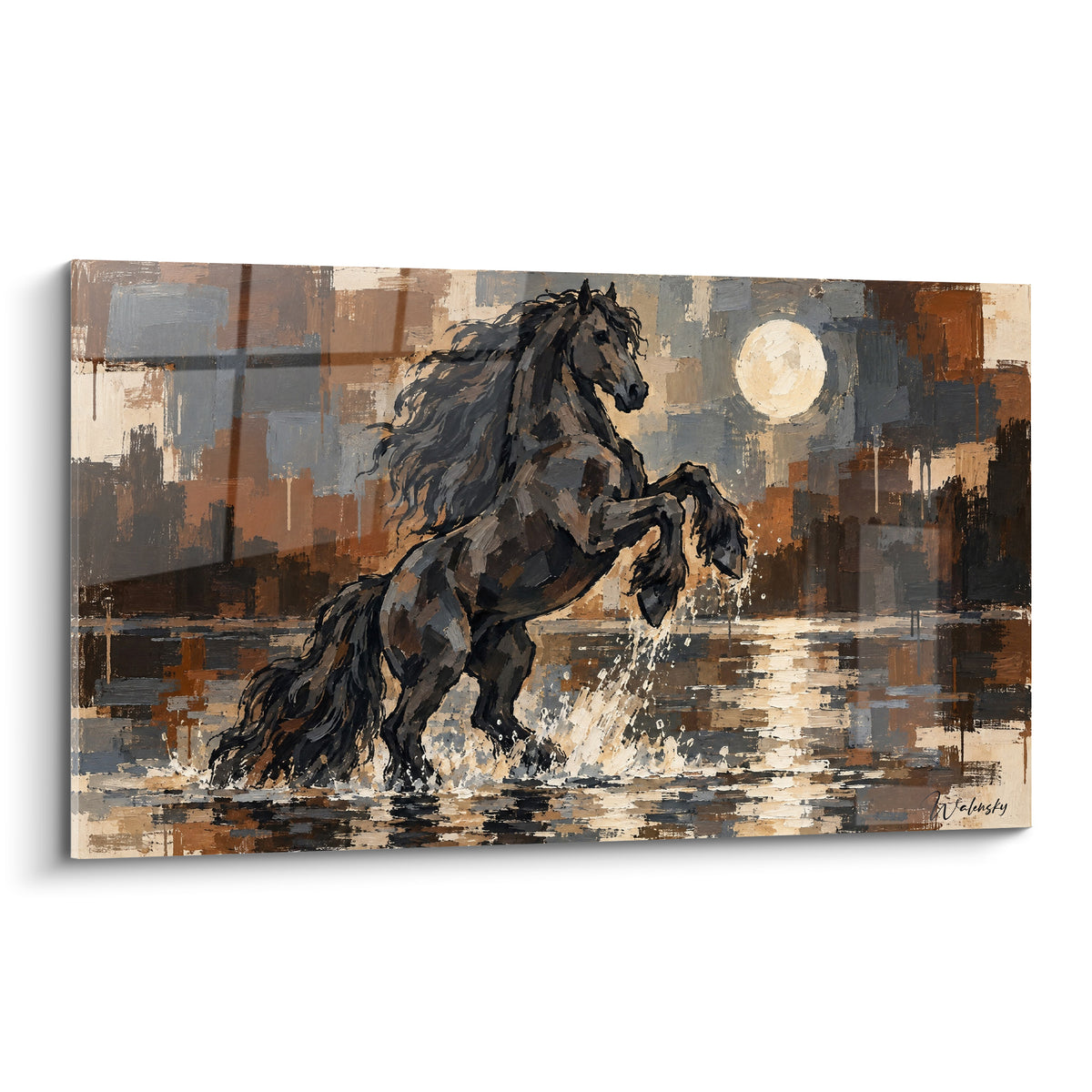 Tableau Cheval Frison noir se cabrant dans l'eau sous une lune dorée, fond ocre et anthracite