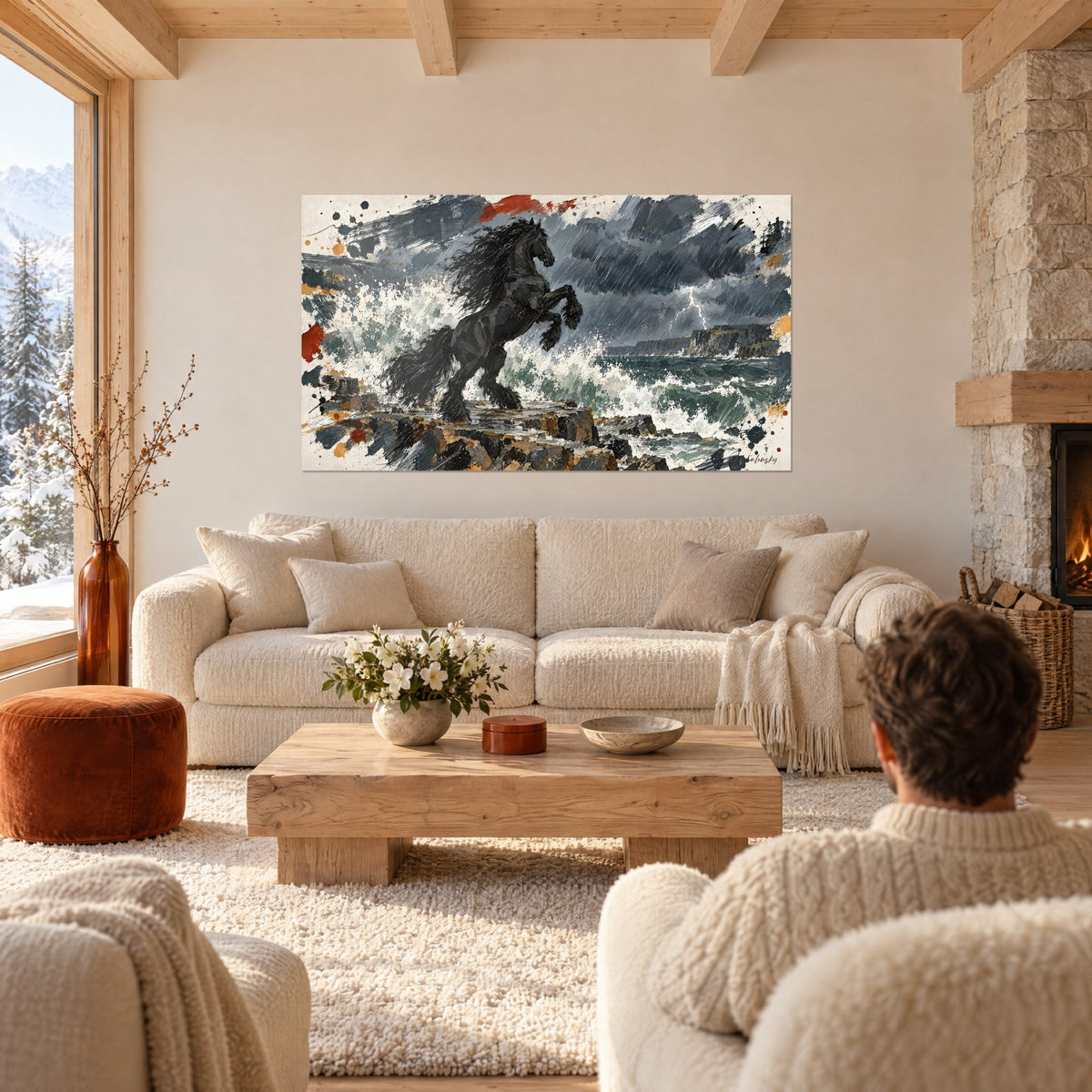 Tableau étalon noir cabré face aux vagues blanches, nuages gris et traits rouille, au-dessus d'un canapé dans un salon lumineux