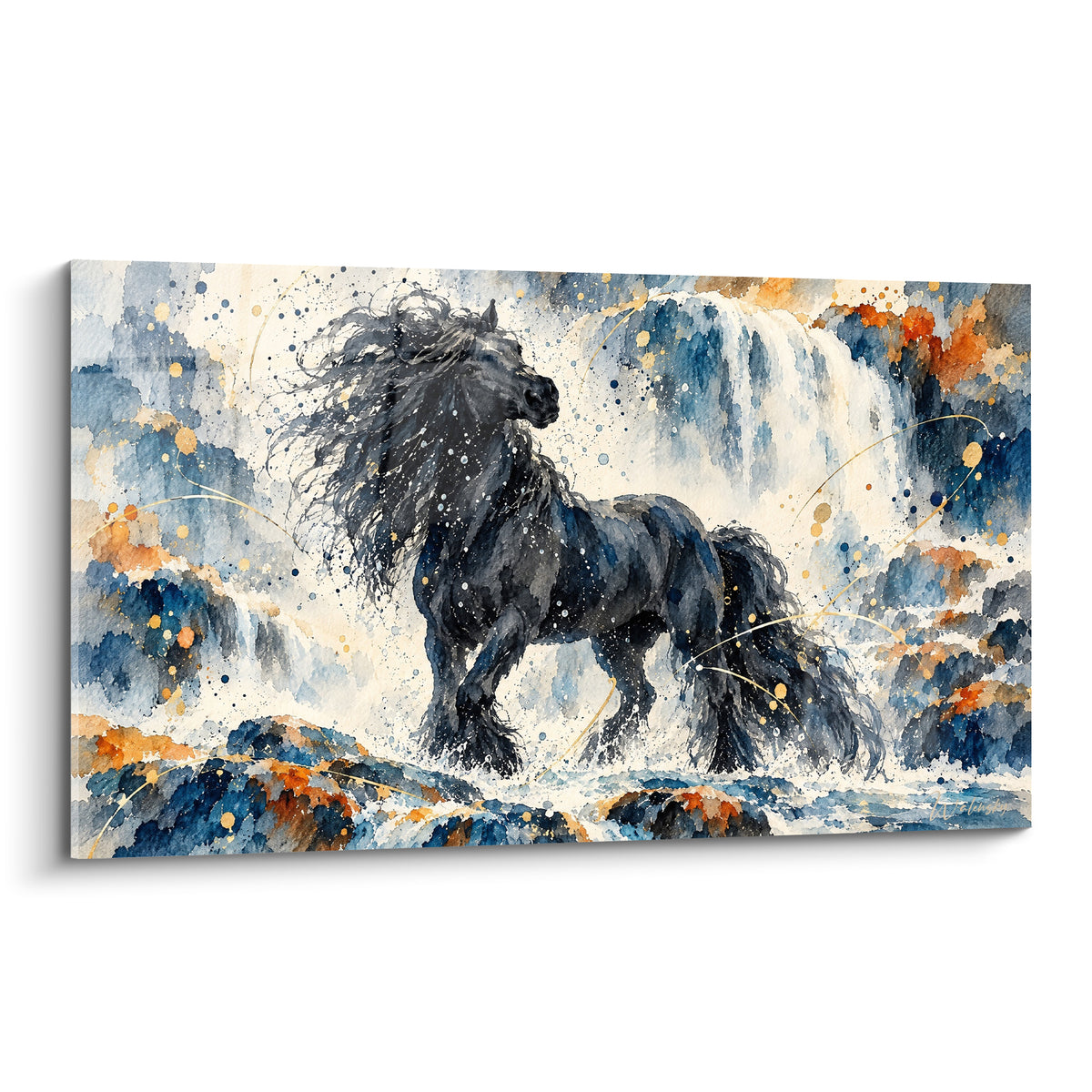 Gemälde schwarzes Friesenpferd, das in Aquarell aus einem blau und orangefarbenen Wasserfall auftaucht