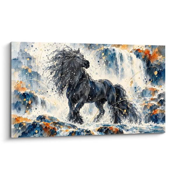 Gemälde Isländer-Pferd vor einem blau-orangefarbenen Wasserfall - Wilder Tosen - Edition Isländer-Pferd
