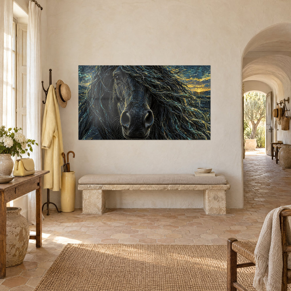 Tableau cheval frison noir, naseaux mats et ciel crépusculaire ambre, accroché dans l'entrée d'un mas provençal