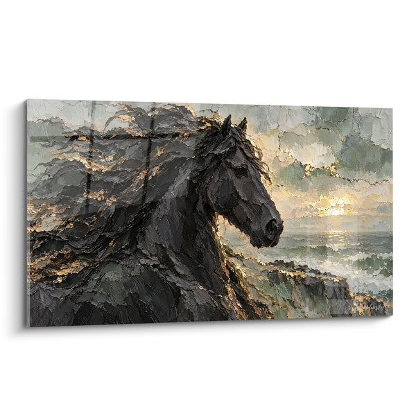 Tableau Cheval noir aux reflets dorés - Vent du large - Edition Cheval Frison