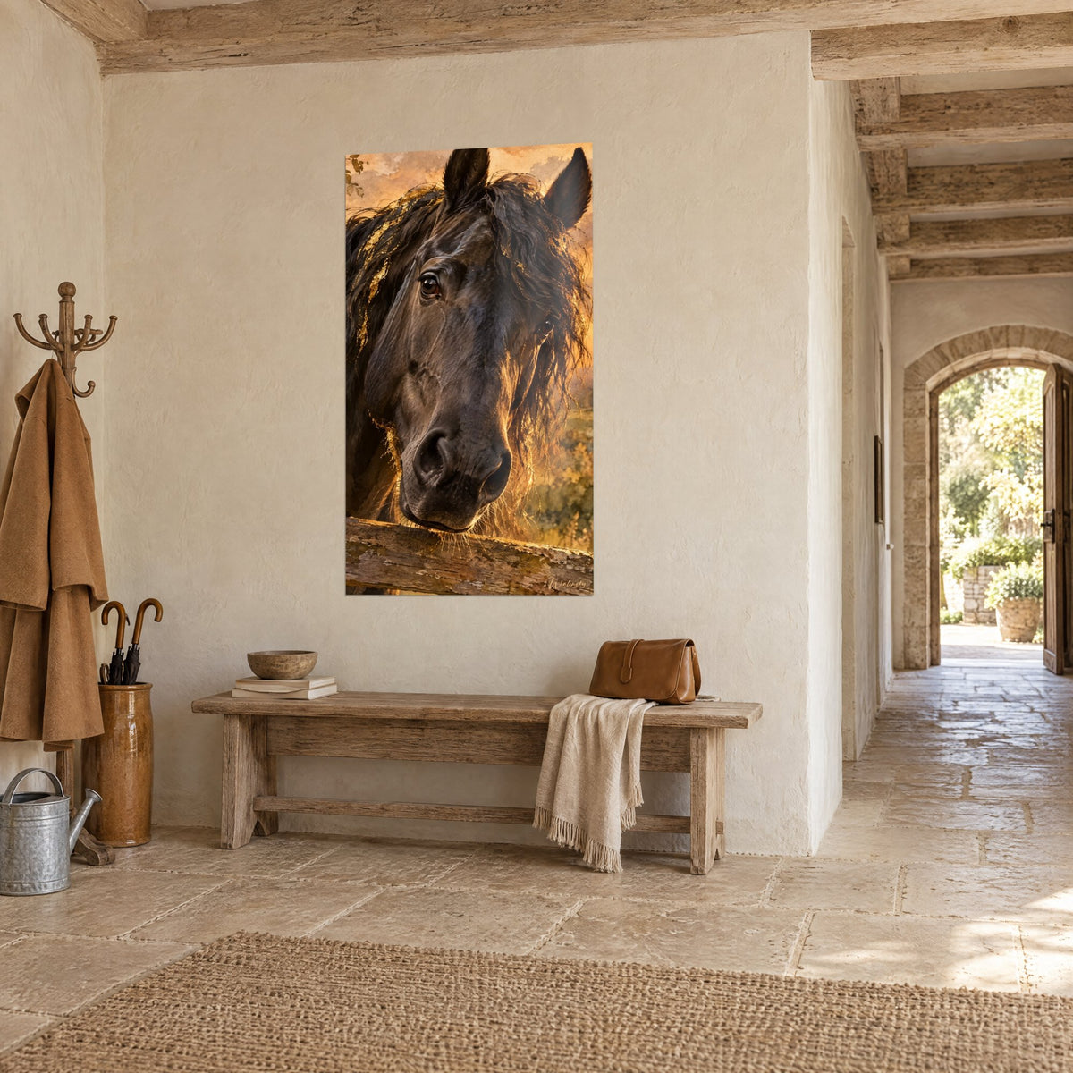 Tableau cheval frison noir à la crinière dorée, ciel orangé et pierre claire, sur un mur près d'une arche ouverte