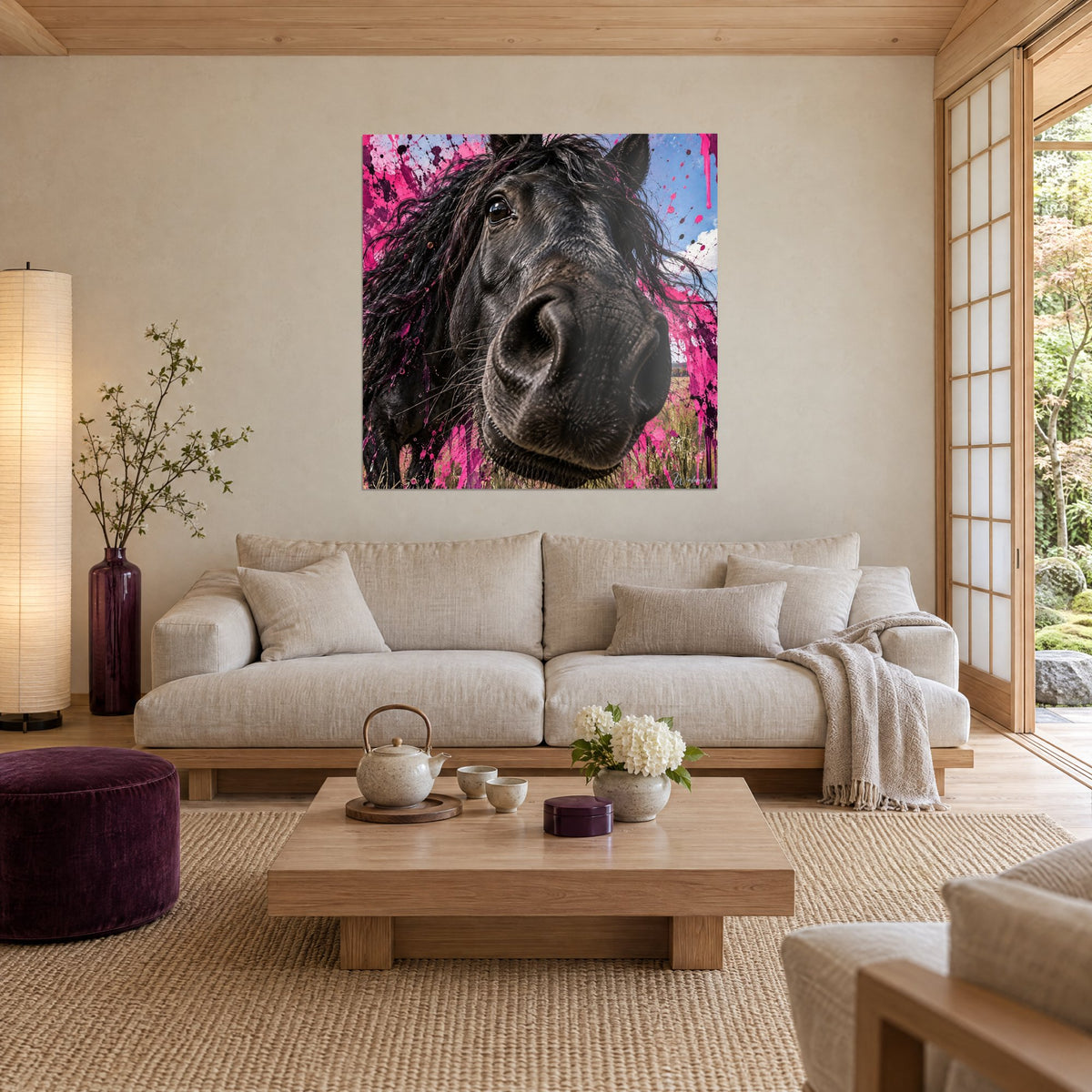 Tableau cheval frison noir museau géant, éclaboussures fuchsia sur ciel bleu, au-dessus d'un canapé dans un salon lumineux