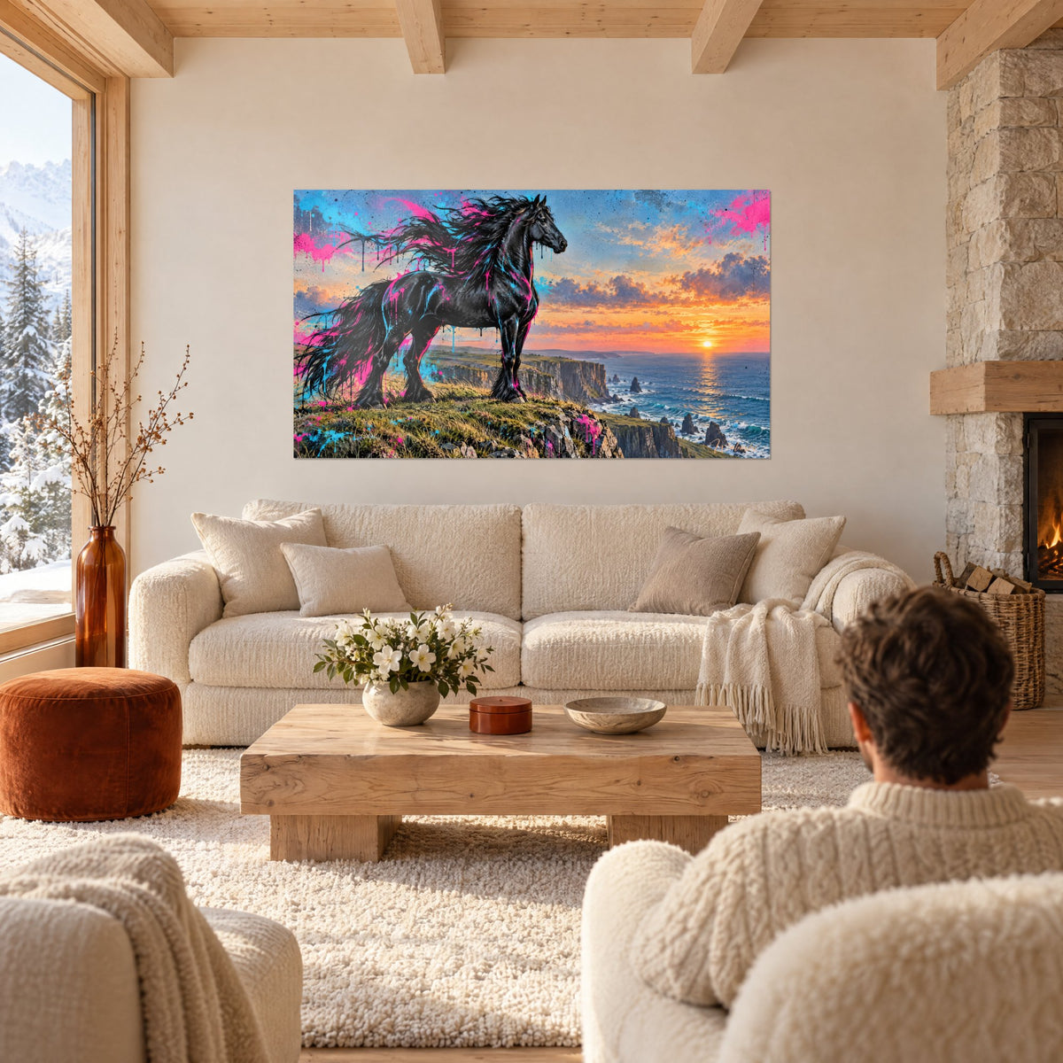 Tableau étalon noir aux crins éclaboussés de rose et turquoise sur falaise, soleil orange, au-dessus d'un canapé dans un salon lumineux