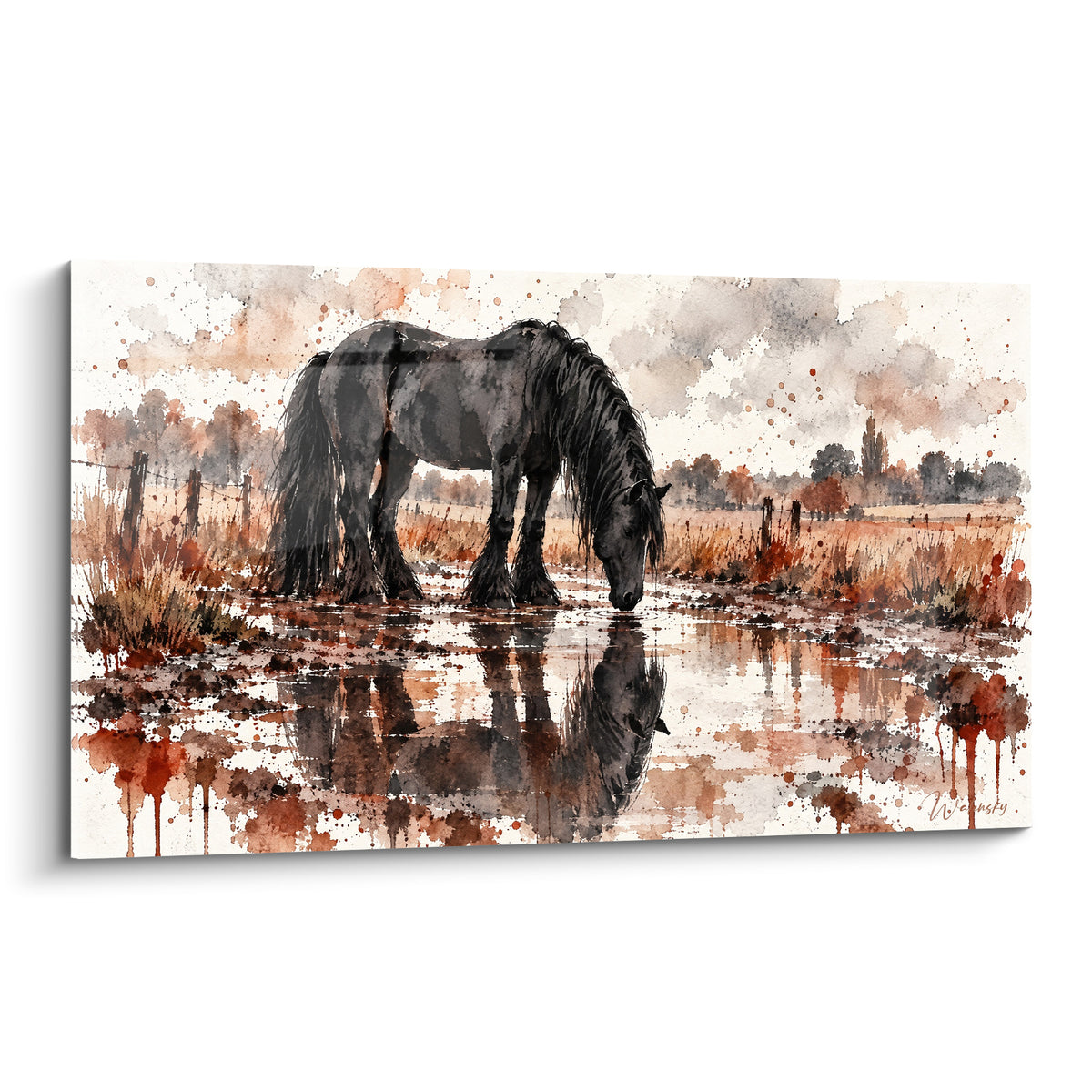 Tableau cheval frison noir s'abreuvant dans un étang terracotta et ocre, style aquarelle