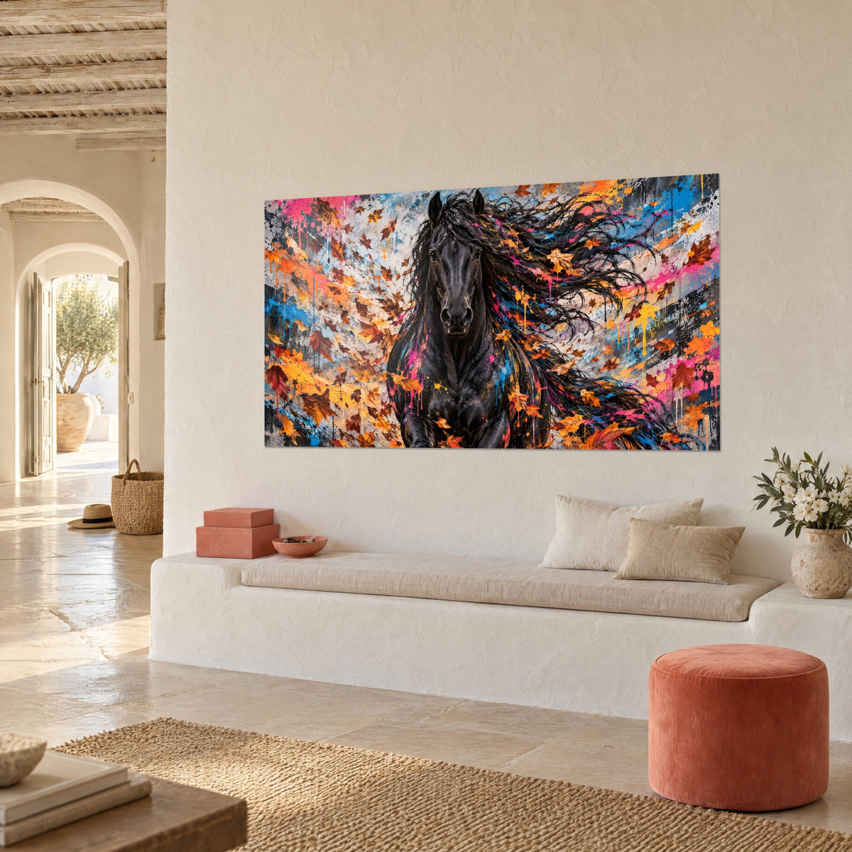 Tableau frison noir de face, crinière tourbillonnant dans un feu de feuilles ambre et de coulures bleues, mur blanc méditerranéen
