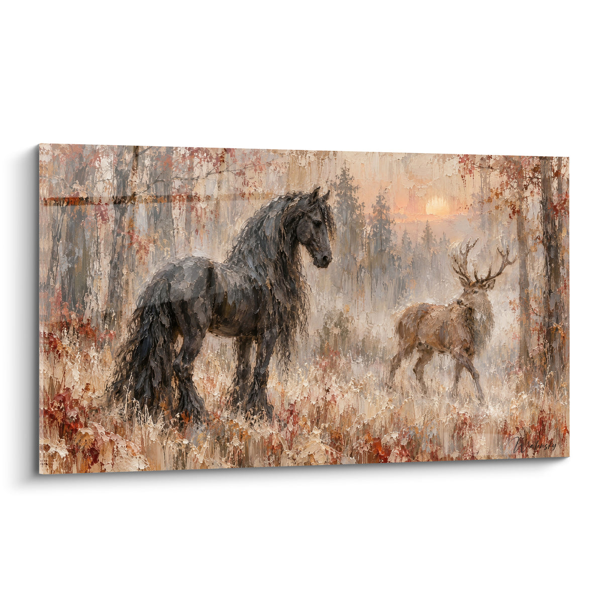 Tableau cheval frison noir croisant un cerf fauve dans une forêt ocre embrumée