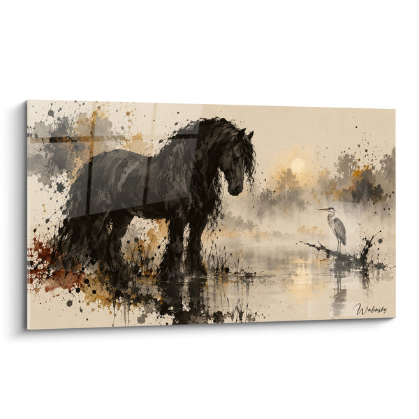 Tableau Cheval noir au marais doré - Rencontre silencieuse - Edition Cheval Frison
