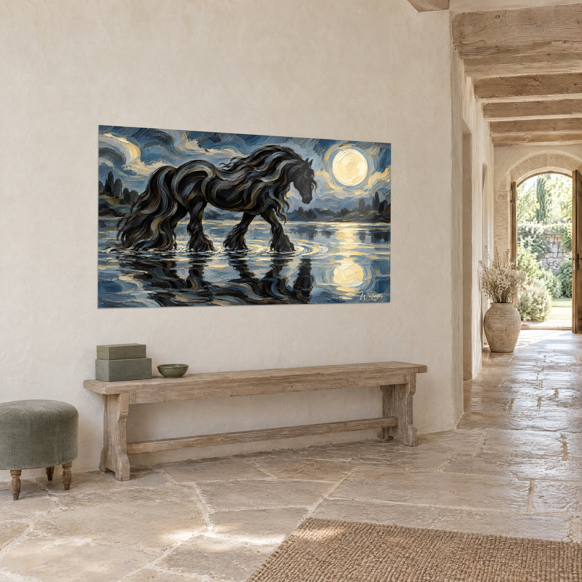 Tableau cheval noir à longs fanons pataugeant dans un lac argenté, ciel bleu nuit et jaune pâle, sur un mur de pierre claire