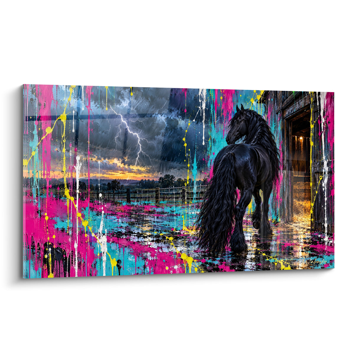 Tableau Cheval Frison noir marchant sous un ciel orageux, éclaboussures roses et turquoise