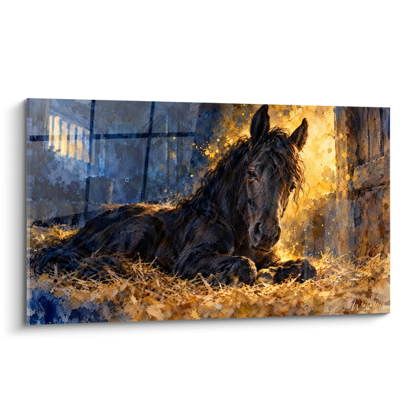Tableau Cheval noir couché sur paille dorée - Repos à l'étable - Edition Cheval Frison