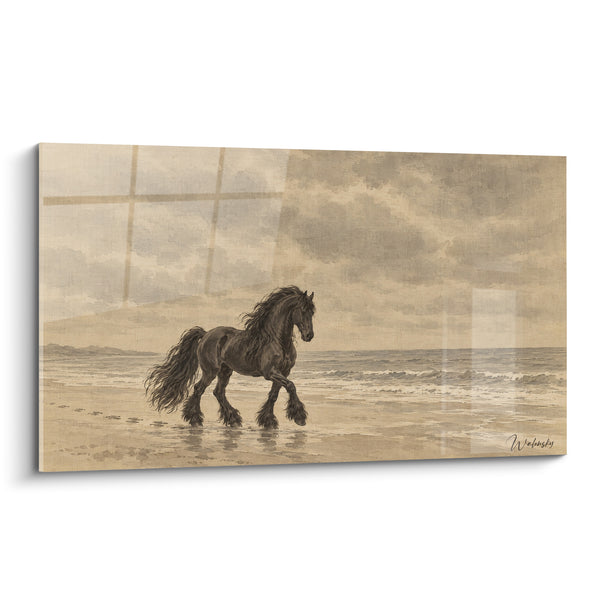 Gemälde Schwarzes Pferd am sepiafarbenen Strand - Küstengalopp - Edition Friesenpferd