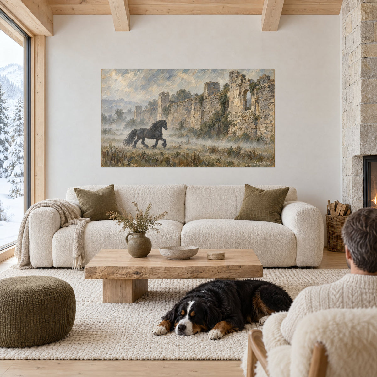 Tableau étalon frison noir au galop devant un rempart beige en ruine, ciel gris-bleu, au-dessus d'un canapé dans un salon lumineux