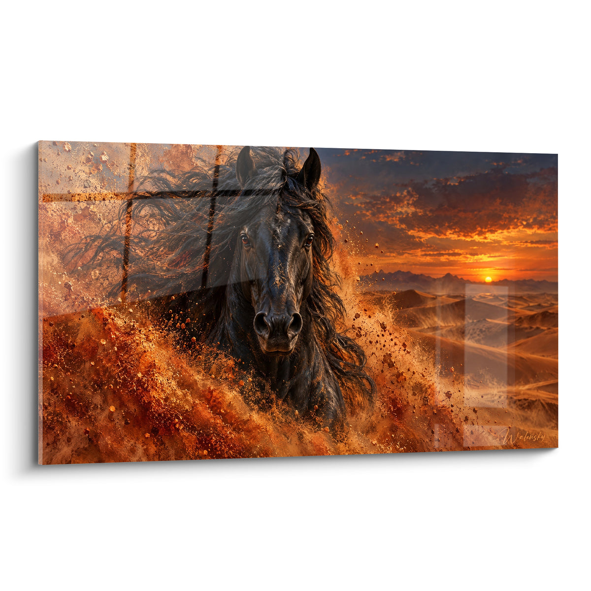 Tableau Cheval Frison noir surgissant d'un nuage de sable ocre et terracotta au couchant