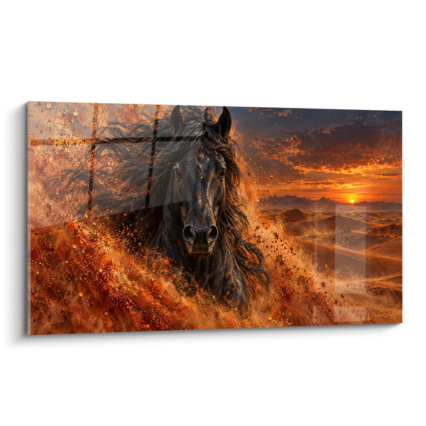 Tableau Cheval noir dans le sable ocre - Galop de feu - Edition Cheval Frison