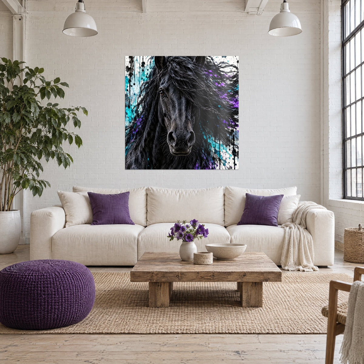 Tableau cheval frison noir, crinière fouettée de turquoise et de violet, au-dessus d'un canapé dans un salon lumineux