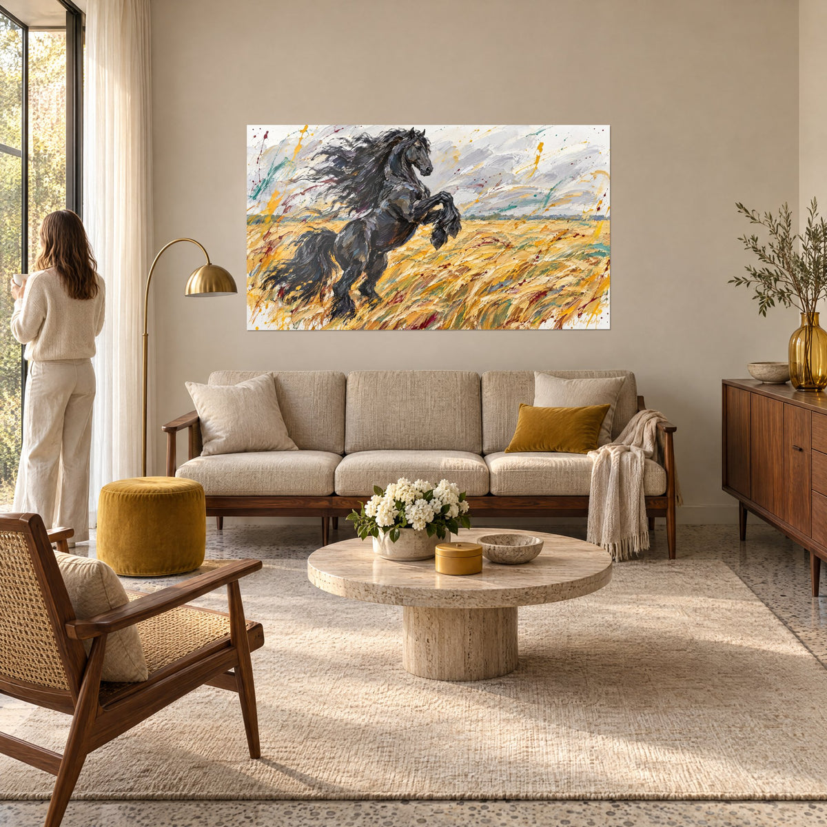 Tableau étalon frison noir cabré dans un champ de blé doré et ocre, ciel gris orageux, au-dessus d'un canapé dans un salon lumineux