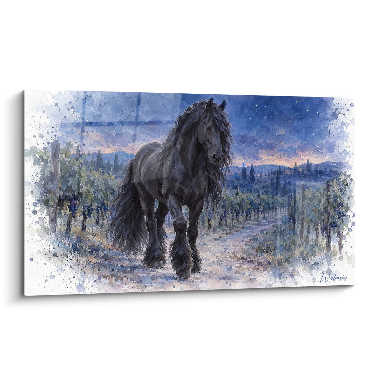 Tableau cheval frison noir traversant un vignoble bleu nuit sous un ciel étoilé orangé