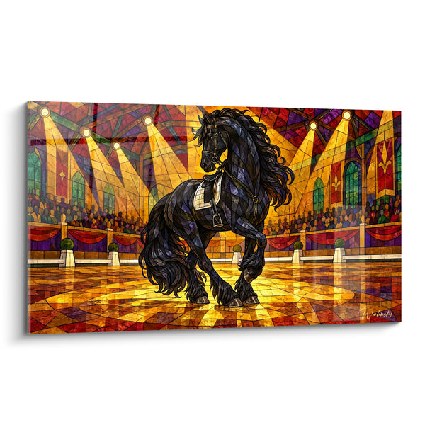 Tableau Cheval noir en vitrail doré - Grâce solennelle - Edition Cheval Frison