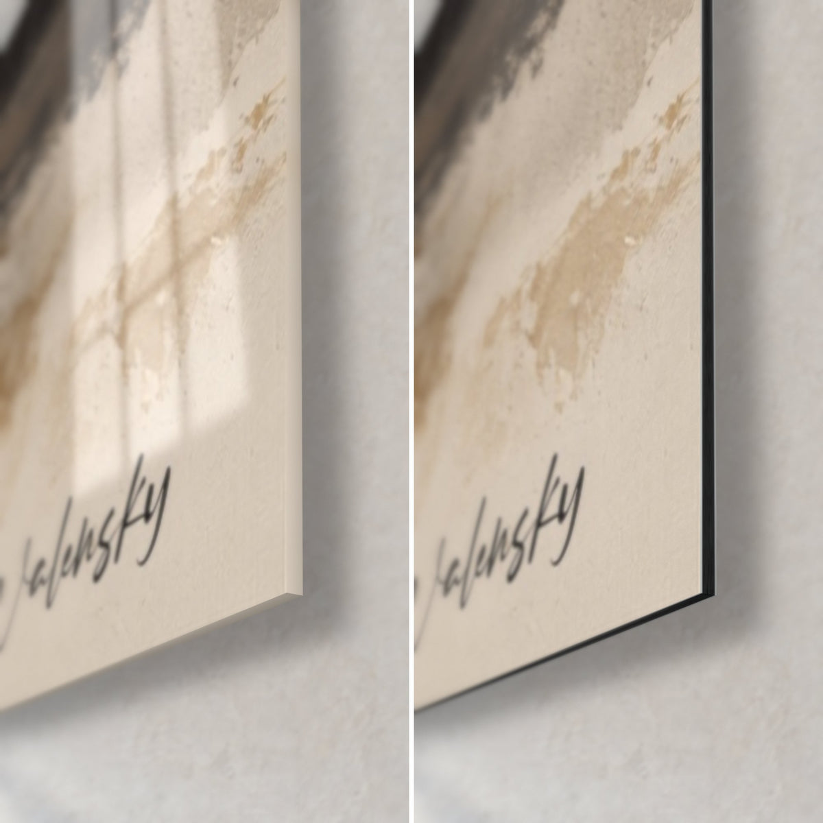 Tableau cheval frison cabré, coin bas droit : verre acrylique brillant à gauche, Dibond mat noir à droite, signature Walensky