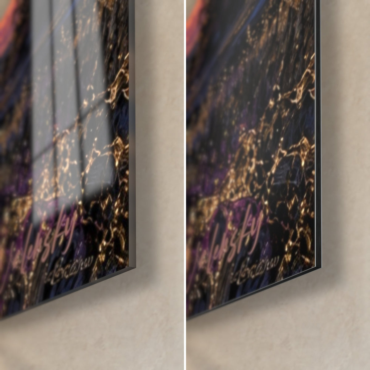 Tableau cheval frison noir et or, coin bas droit en verre acrylique brillant et alu Dibond mat, tranche de 3 mm visible