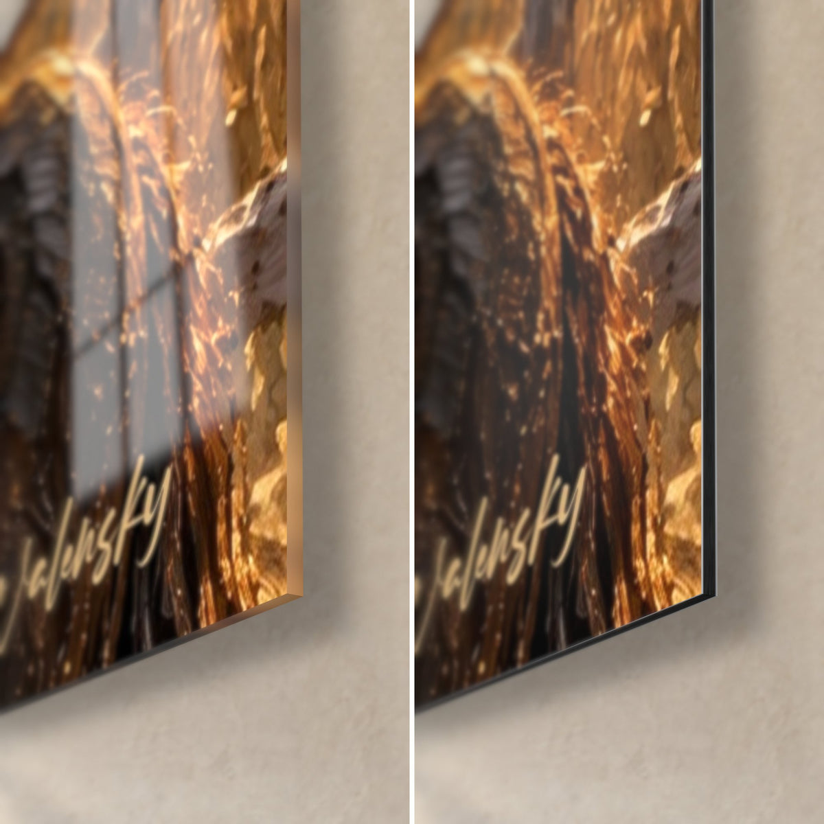 Tableau cheval noir à la crinière dorée, coin bas droit : verre acrylique brillant à reflets ambrés, alu Dibond mat noir et tranche de 3 mm