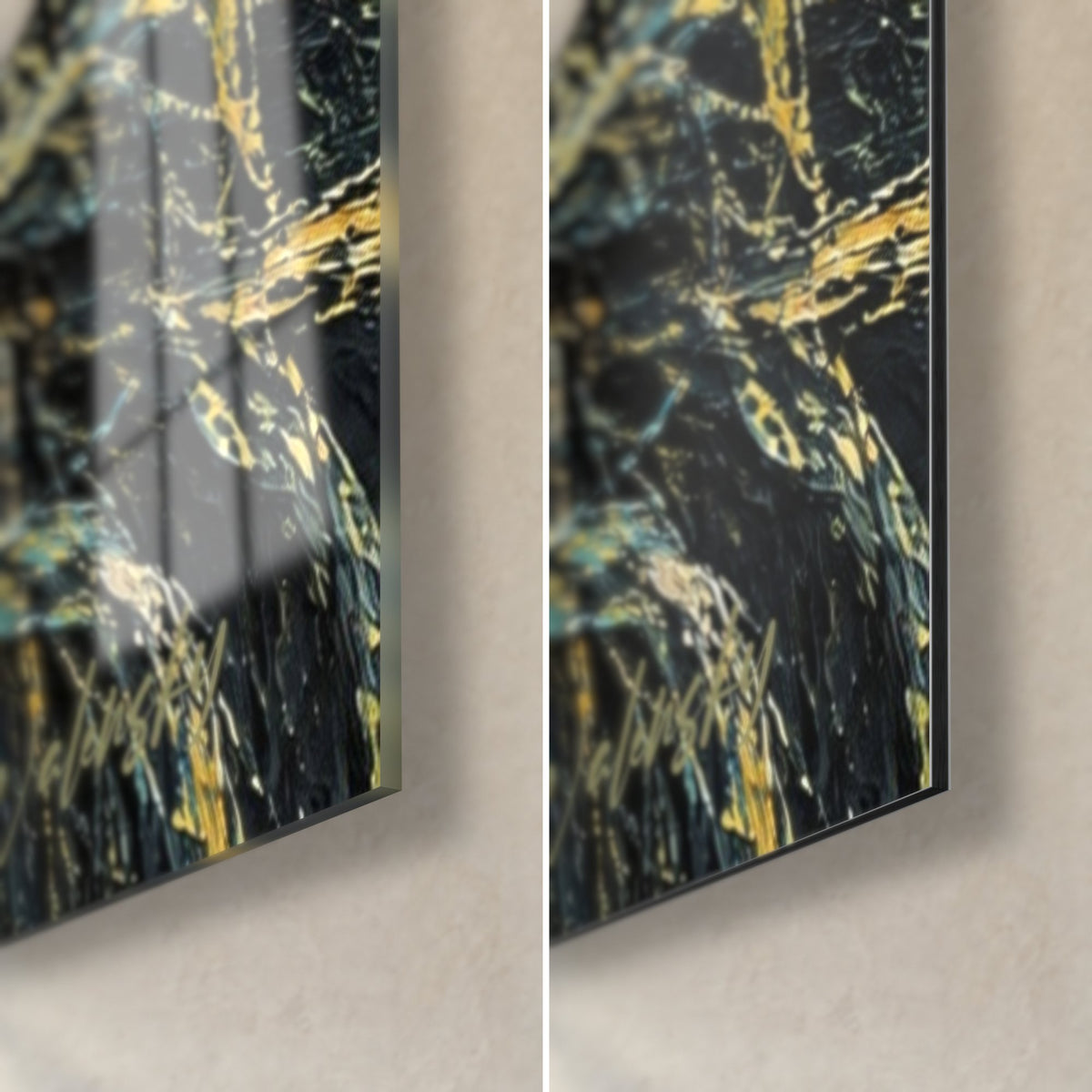 Tableau cheval noir à la crinière dorée, coin bas droit : verre brillant à reflets, Dibond mat et tranche de 3 mm