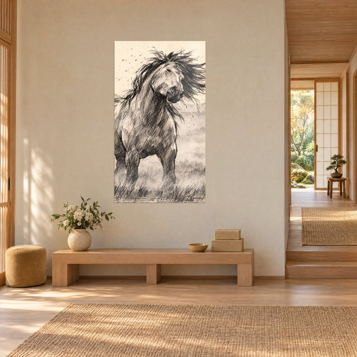 Tableau cheval indompté aux crins ébouriffés, traits de fusain noir sur fond crème, accroché au-dessus d'un banc en bois clair