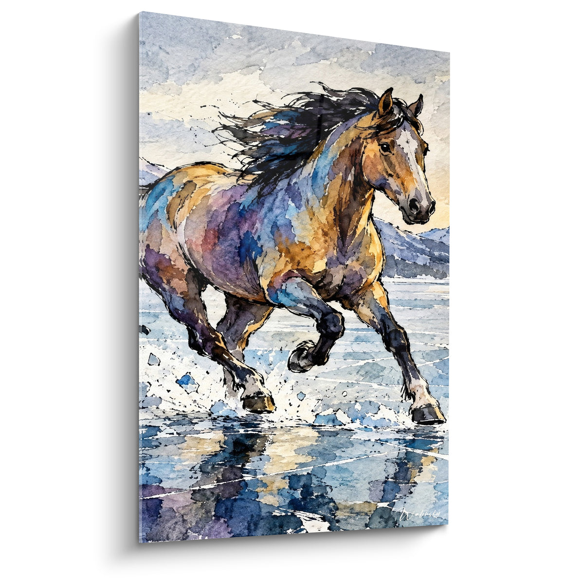 Tableau cheval au galop, robe ocre et crinière bleu marine, éclaboussant une eau miroitante