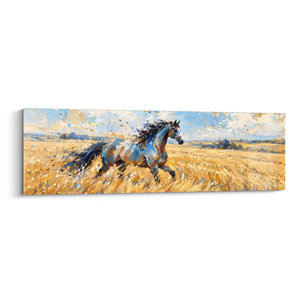 Tableau Cheval bleu et doré dans un champ de blé - Horizon vallonné paisible - Edition Cheval