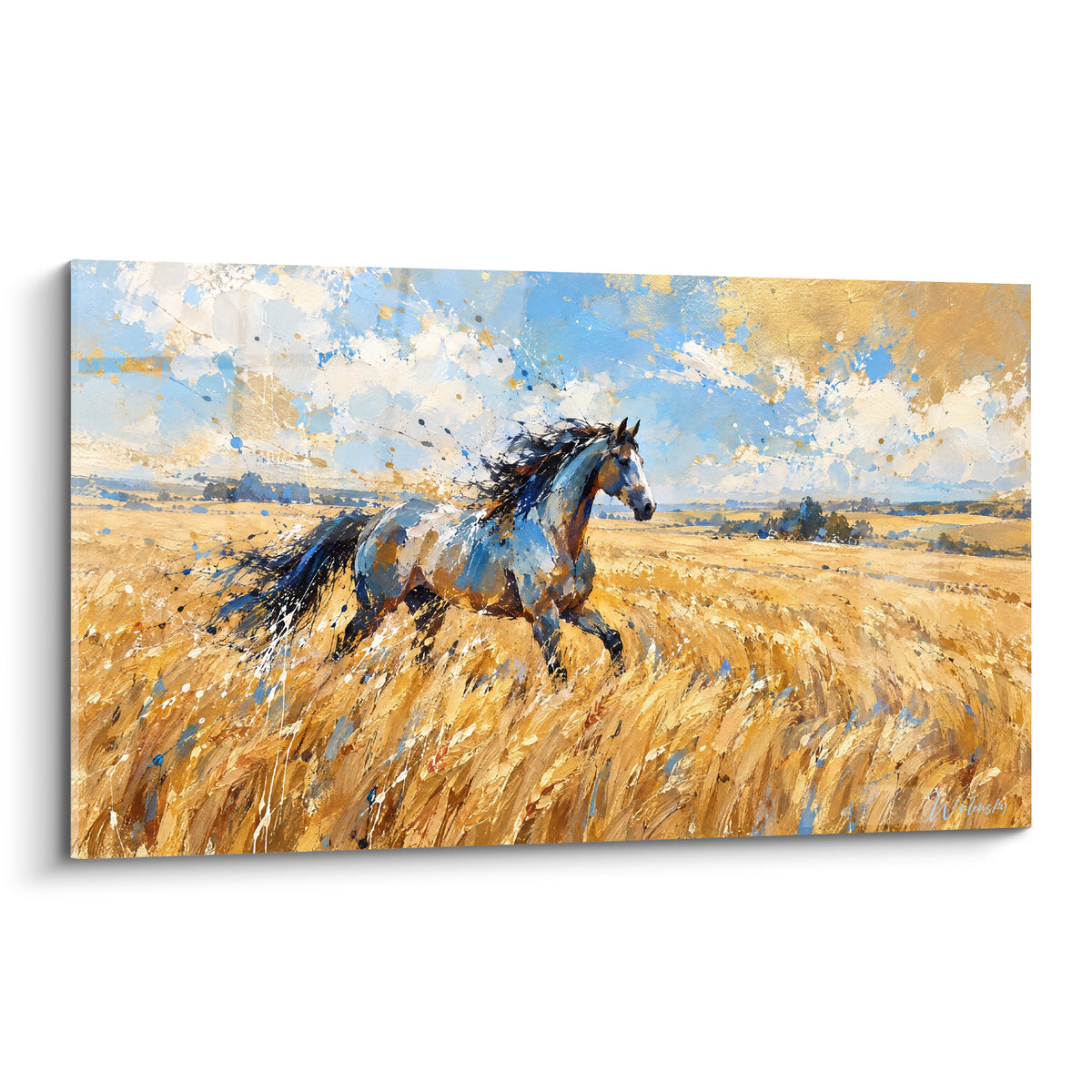 Tableau cheval bleu et doré galopant à travers un champ de blé sous un ciel lumineux